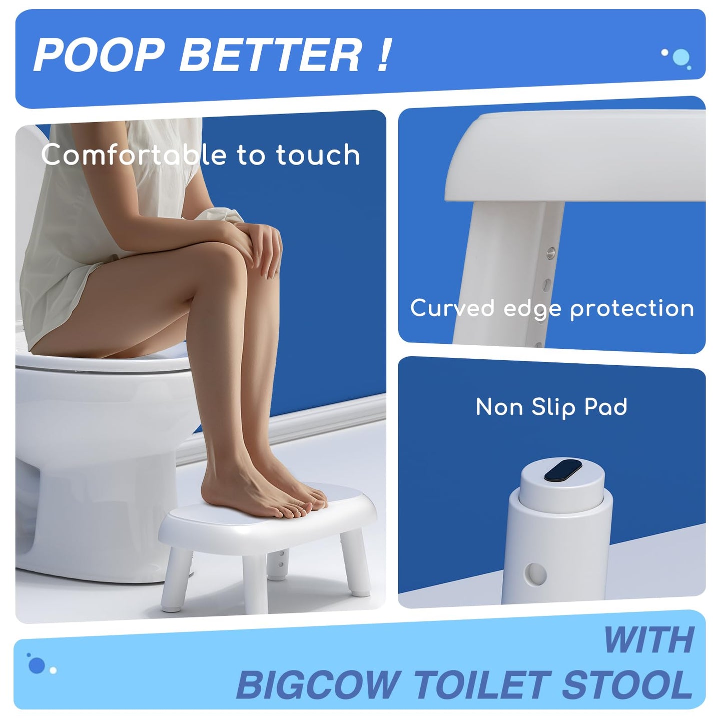 BIGCOW Adjustable Height Toilet Stool, Non-Slip & Easy to Clean, Promotes Healthy Defecation Posture, Reduces Constipation & Hemorrhoids, 6.7-9 inches, White