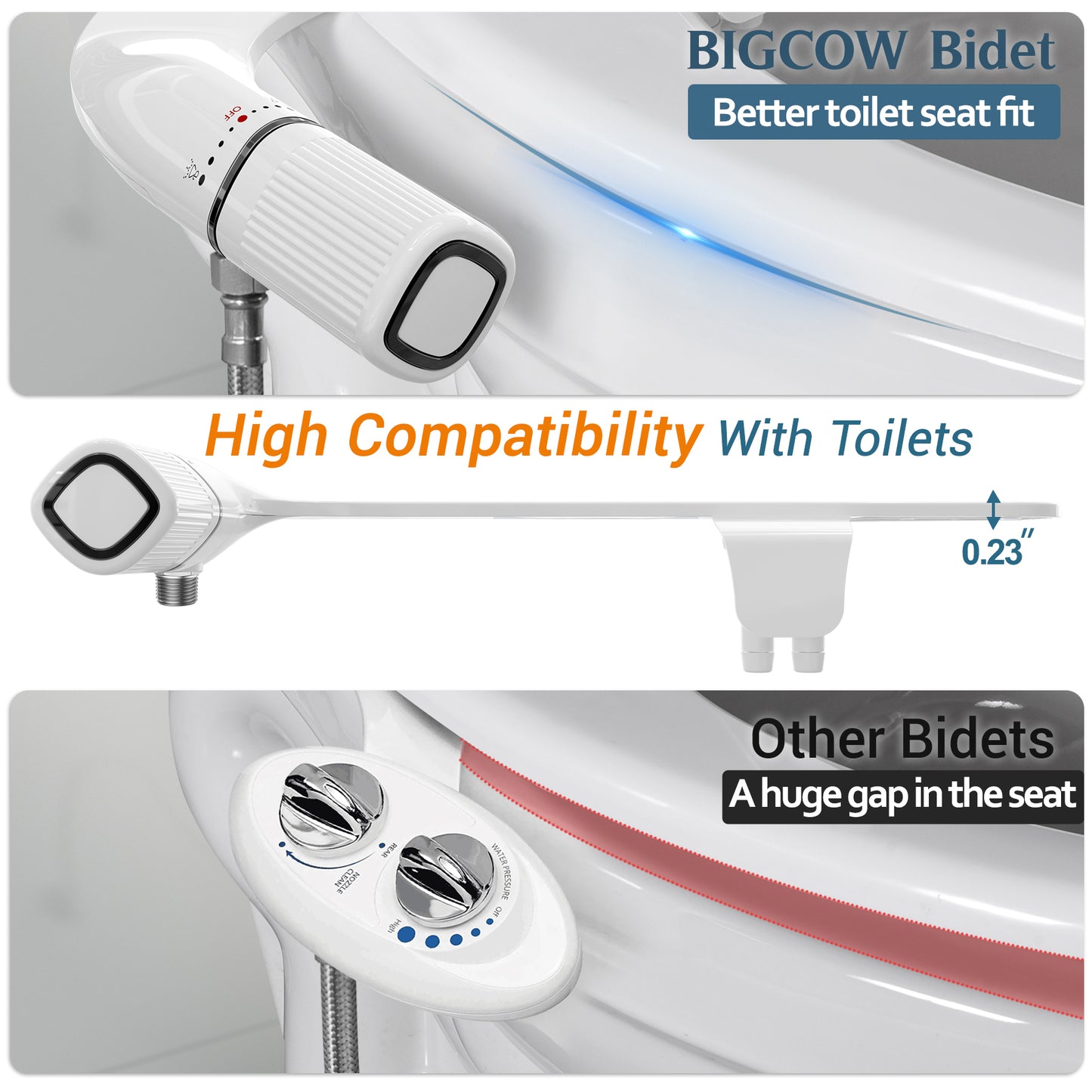 BIGCOW Bidet Attachment for Toilet, Ultra-Slim Dual Nozzle (Frontal & Rear Wash) Hygienic Toilet Bidet, Fresh Cold Water Pressure Adjustable Bidet Attachment with Stainless Steel Inlet (2 Sets)