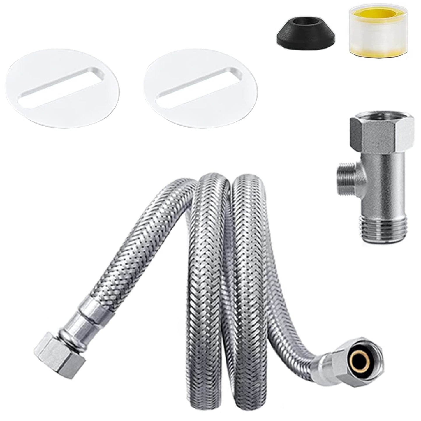 BIGCOW Bidet Installation Accessories Set, Contains 3/8" Stainless Steel T-Adapter, Teflon Tape, Circular Fixing Plates With Rubber Gaskets * 2, Cold Water Connection Metal Braided Hose