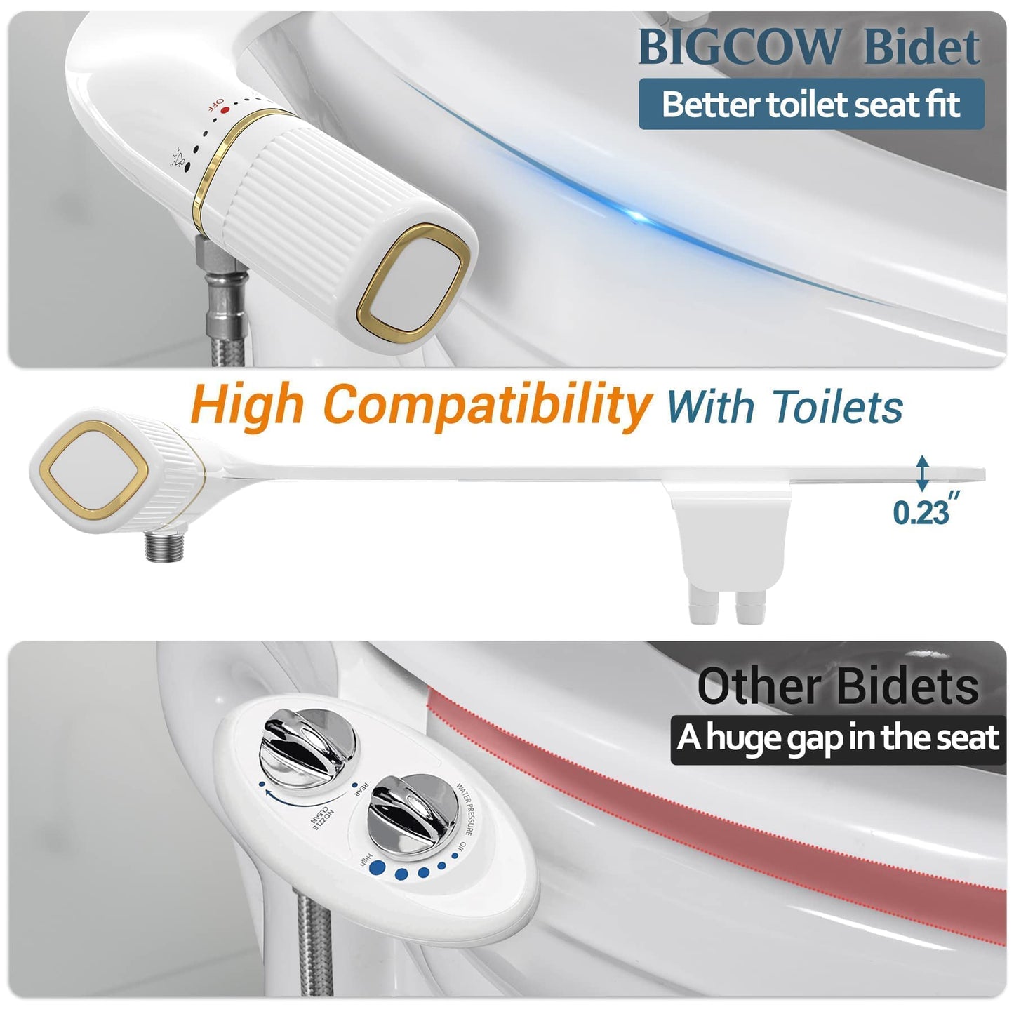 BIGCOW Bidet Attachment for Toilet, Ultra-Slim Dual Nozzle (Frontal & Rear Wash) Hygienic Toilet Bidet, Fresh Cold Water Pressure Adjustable Bidet Attachment with Stainless Steel Inlet (2 Sets)