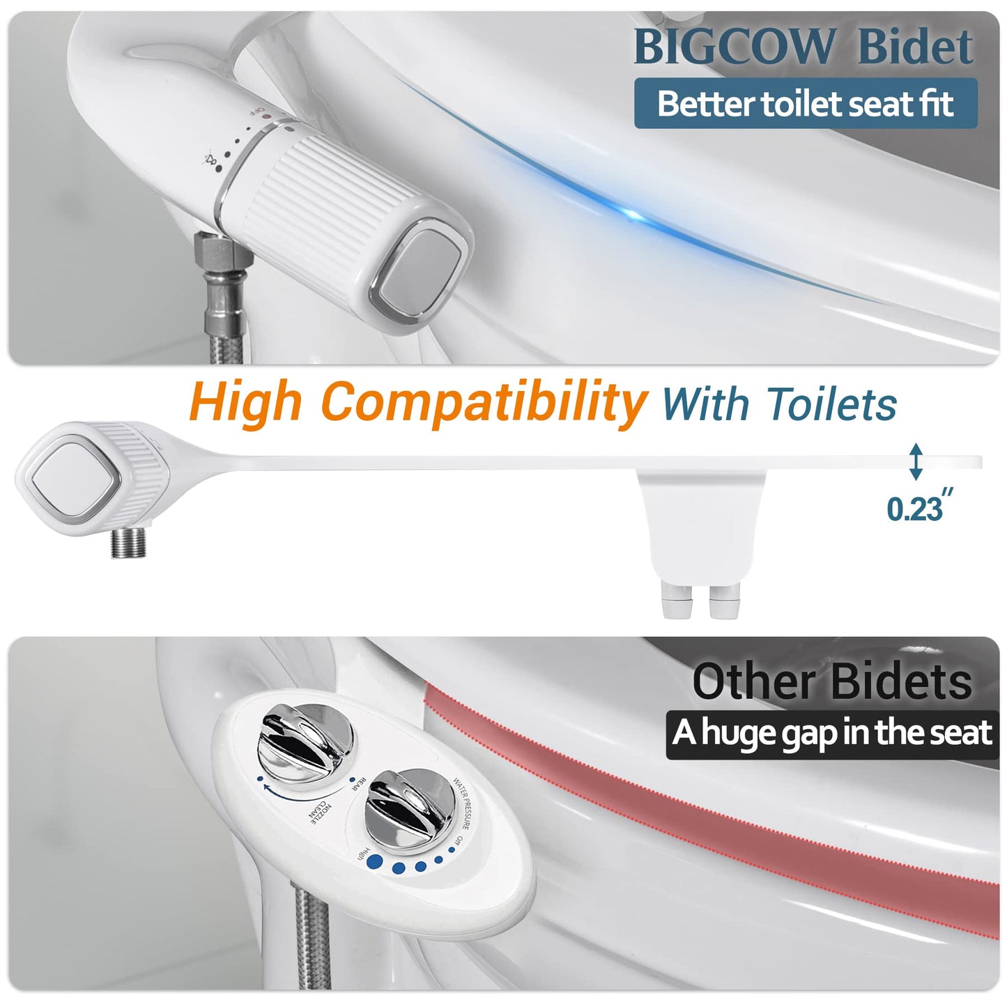 BIGCOW Bidet Attachment for Toilet, Ultra-Slim Dual Nozzle (Frontal & Rear Wash) Hygienic Toilet Bidet, Fresh Cold Water Pressure Adjustable Bidet Attachment with Stainless Steel Inlet